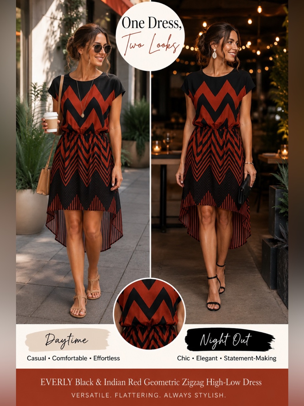 𝅺EVERLY black and Indian red short sleeve geometric zigzag high-low dress Sz M